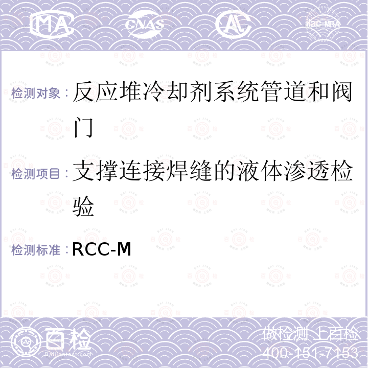 支撑连接焊缝的液体渗透检验 RCC-M  （法国）PWR核岛机械设备的设计和制造规则 (1993，2000，2010)