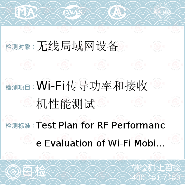 Wi-Fi传导功率和接收机性能测试 Test Plan for RF Performance Evaluation of Wi-Fi Mobile Converged Devices V 2.2.1 CTIA和WIFI联盟，Wi-Fi移动融合设备RF性能评估方法 Test Plan for RF Performance Evaluation of Wi-Fi Mobile Converged Devices V2.2.1