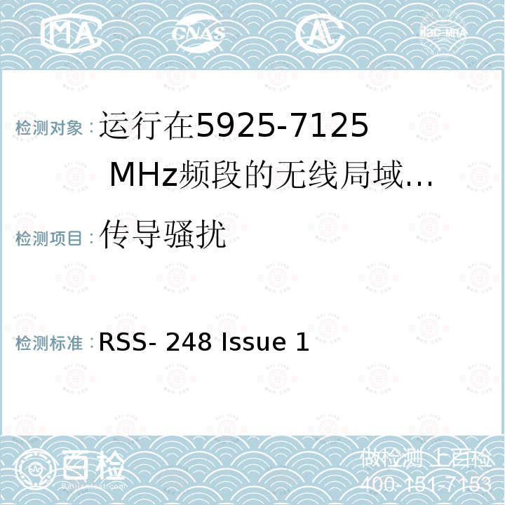 传导骚扰 RSS-248 ISSUE 运行在5925-7125 MHz频段的无线局域网(RLAN)设备 RSS-248 Issue 1 