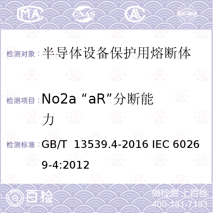 No2a “aR”分断能力 GB/T 13539.4-2016 低压熔断器 第4部分:半导体设备保护用熔断体的补充要求