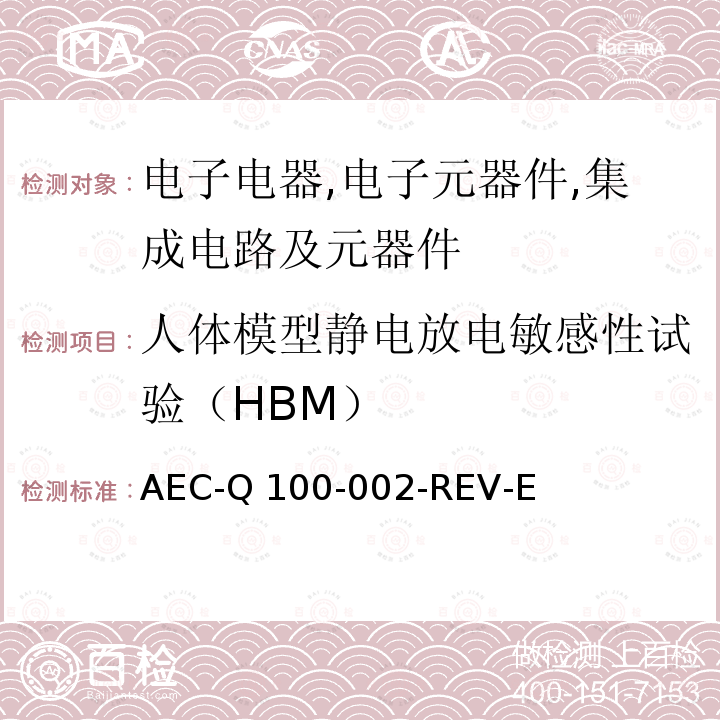 人体模型静电放电敏感性试验（HBM） AEC-Q 100-002-REV-E 人体模型静电放电试验 AEC-Q100-002-REV-E(2013)