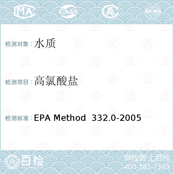 高氯酸盐 EPA Method  332.0-2005 《抑制电导离子色谱-电喷雾质谱法测定饮用水中的》 EPA Method 332.0-2005