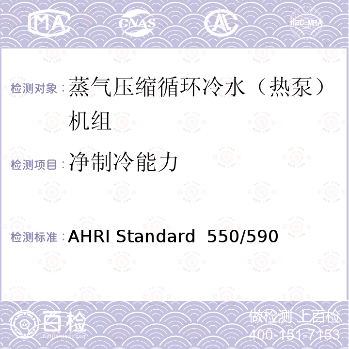 净制冷能力 AHRI Standard  550/590  蒸气压缩循环冷水（热泵）机组的性能要求 AHRI Standard 550/590 (I-P)-2020