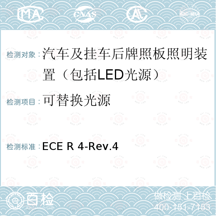 可替换光源 ECE R 4-Rev.4 关于批准机动车及其挂车后牌照板照明装置的统一规定 ECE R4-Rev.4