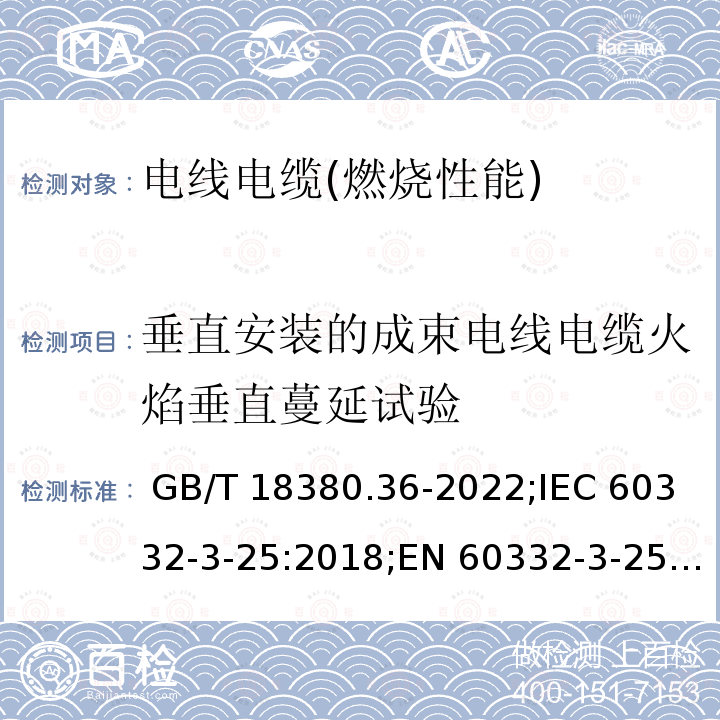 垂直安装的成束电线电缆火焰垂直蔓延试验 电缆和光缆在火焰条件下的燃烧试验 第36部分:垂直安装的成束电线电缆火焰垂直蔓延试验 D类 GB/T 18380.36-2022;IEC 60332-3-25:2018;EN 60332-3-25:2018;SANS 60332-3-25:2009;AS/NZS IEC 60332.3.25:2021