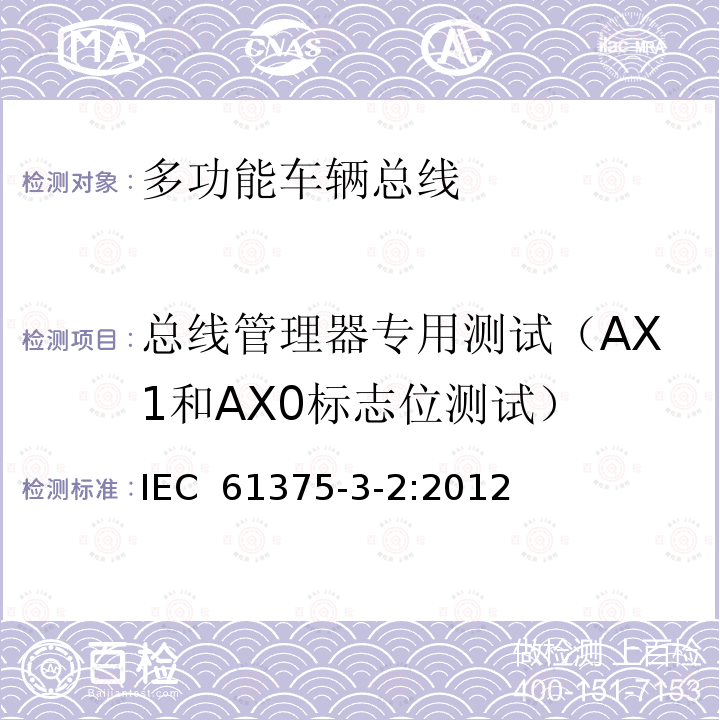 总线管理器专用测试（AX1和AX0标志位测试） 牵引电气设备 列车通信网络 第3-2部分：MVB一致性测试 IEC 61375-3-2:2012
