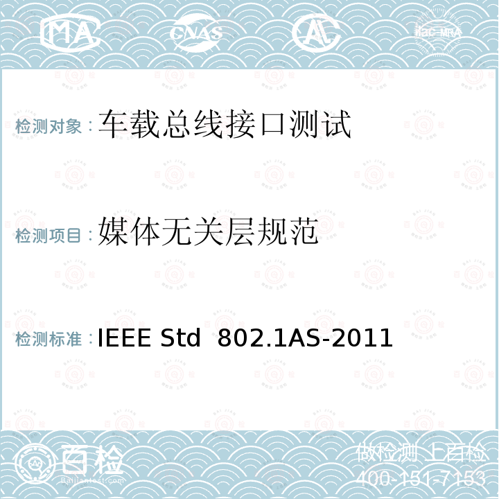媒体无关层规范 IEEE局域网和城域网标准桥接局域网中时间敏感应用的定时和同步 IEEE STD 802.1AS-2011 IEEE局域网和城域网标准桥接局域网中时间敏感应用的定时和同步 IEEE Std 802.1AS-2011