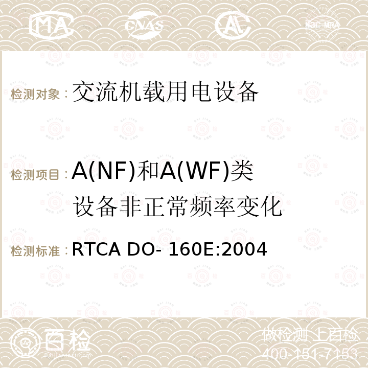 A(NF)和A(WF)类设备非正常频率变化 RTCA DO- 160E:2004 机载设备环境条件和试验程序 第16章 电源输入 RTCA DO-160E:2004