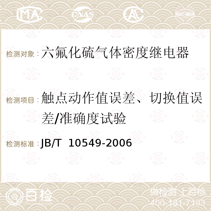 触点动作值误差、切换值误差/准确度试验 JB/T 10549-2006 SF6气体密度继电器和密度表通用技术条件