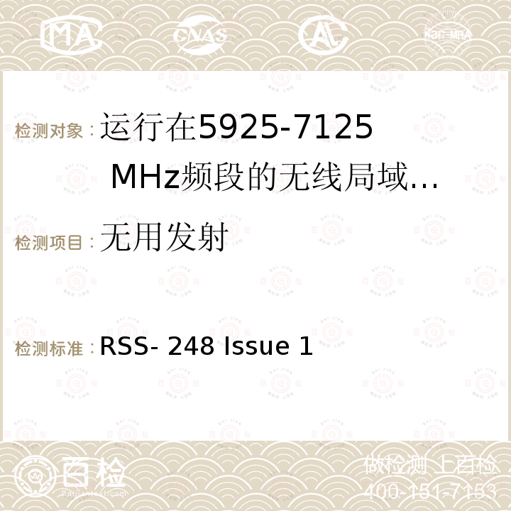 无用发射 RSS-248 ISSUE 运行在5925-7125 MHz频段的无线局域网(RLAN)设备 RSS-248 Issue 1 