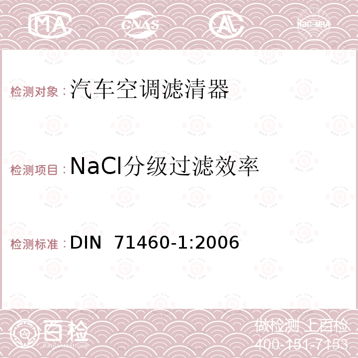 NaCl分级过滤效率 DIN 71460-1-2006 道路车辆  乘用车车厢用空气滤清器  第1部分:颗粒滤清器试验方法