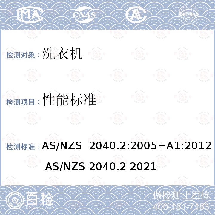 性能标准 AS/NZS 2040.2 家用电器性能洗衣机第2部分能效标识要求 :2005+A1:2012  2021
