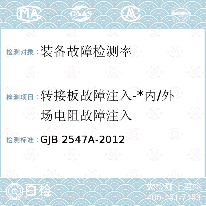 转接板故障注入-*内/外场电阻故障注入 GJB 2547A-2012 装备测试性工作通用要求 GJB2547A-2012