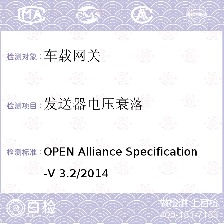 发送器电压衰落 OPEN Alliance Specification-V 3.2/2014 汽车用BoardR-Reach(OABR)物理层收发器技术规范 OPEN Alliance Specification-V3.2/2014
