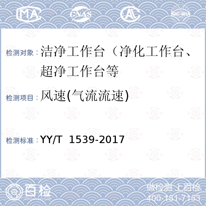 风速(气流流速) 医用洁净工作台   YY/T 1539-2017