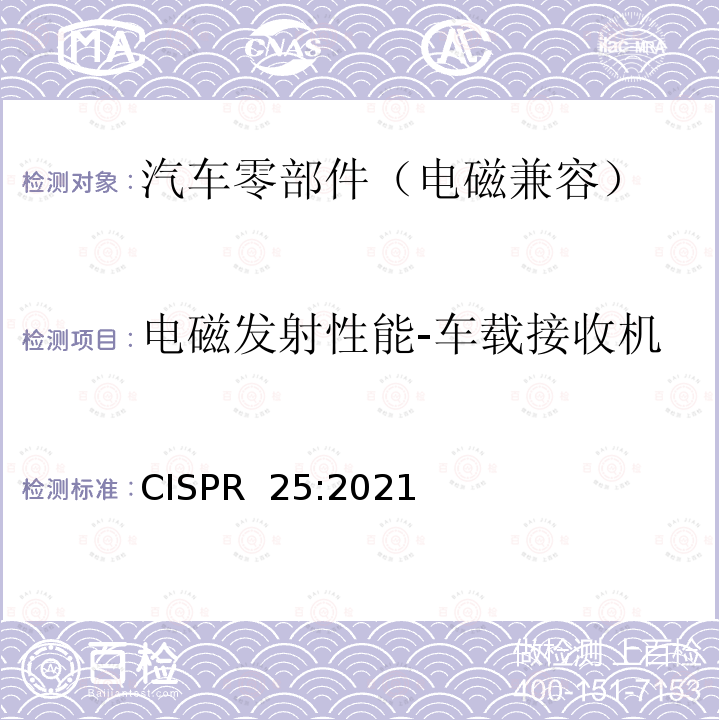 电磁发射性能-车载接收机 CISPR 25:2021 用于保护车辆、机动船和装置上车载接收机的无线电骚扰特性的限值及测量方法 