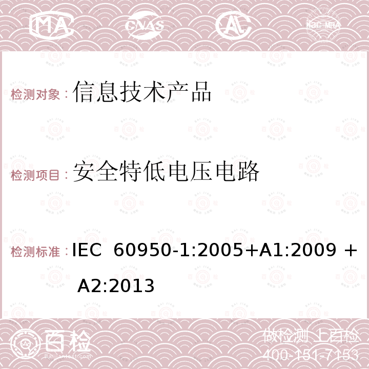 安全特低电压电路 信息技术设备安全 第 1 部分：通用要求 IEC 60950-1:2005+A1:2009 + A2:2013