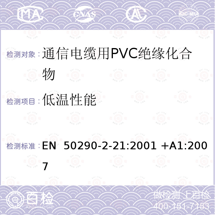 低温性能 EN 50290 通信电缆.第2-21部分:通用设计规则和结构.PVC绝缘化合物 -2-21:2001 +A1:2007
