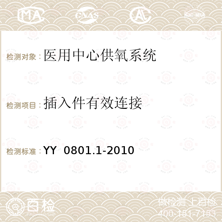 插入件有效连接 医用气体管道系统终端 第1部分：用于压缩医用气体和真空的终端 YY 0801.1-2010