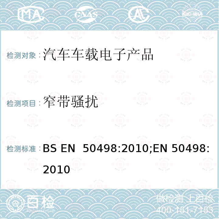 窄带骚扰 电磁兼容-后装市场车辆电子设备的产品标准 BS EN 50498:2010;EN 50498:2010