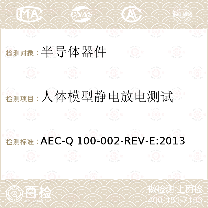 人体模型静电放电测试 AEC-Q 100-002-REV-E:2013 人体模型(HBM)静电放电测试 AEC-Q100-002-REV-E:2013