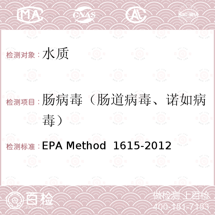肠病毒（肠道病毒、诺如病毒） D 1615-2012 《培养法和RT-qPCR检测水中肠道病毒和诺如病毒》 EPA Method 1615-2012
