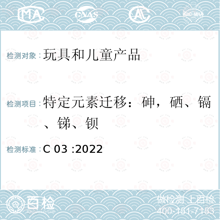 特定元素迁移：砷，硒、镉、锑、钡 C 03 :2022 加拿大产品安全参考手册  第5册  实验室的政策和程序 B部分：测试方法C03 涂层中可浸出砷（As）、硒（Se）、镉（Cd）、锑（Sb）和钡（Ba）的测定 C03 :2022