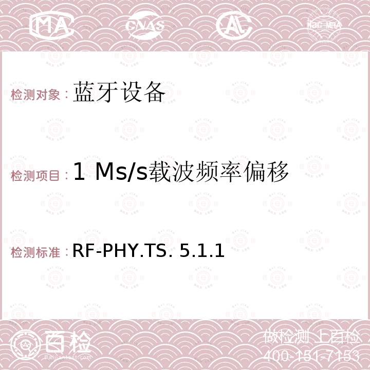 1 Ms/s载波频率偏移 RF-PHY.TS. 5.1.1 蓝牙测试集：射频物理层 RF-PHY.TS.5.1.1
