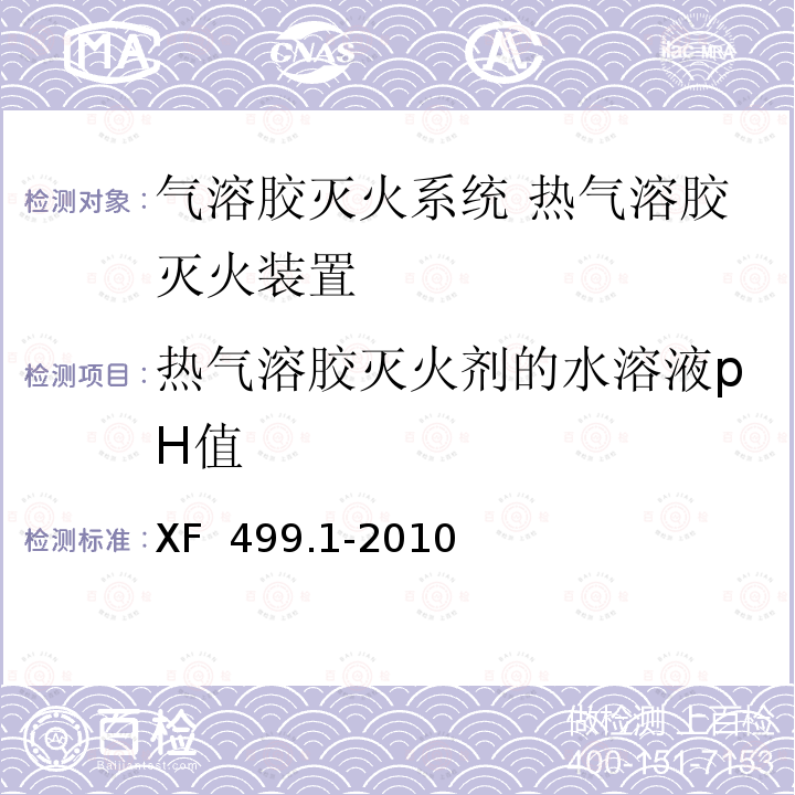 热气溶胶灭火剂的水溶液pH值 XF 499.1-2010 气溶胶灭火系统 第1部分:热气溶胶灭火装置