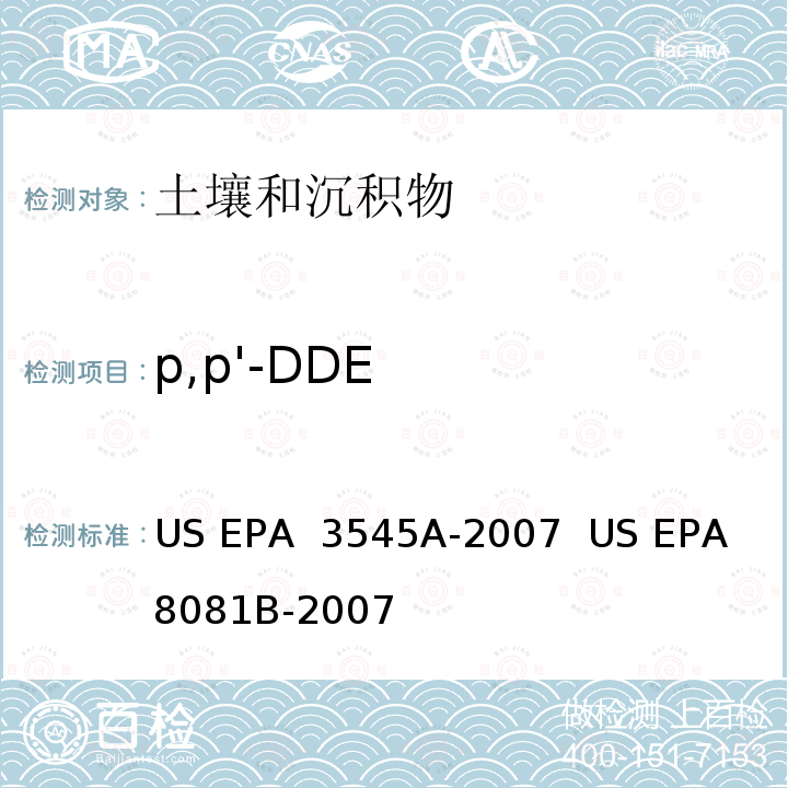 p,p'-DDE US EPA 3545A 加压液体萃取（PFE）/ 气相色谱法测定有机氯农药 -2007  US EPA 8081B-2007