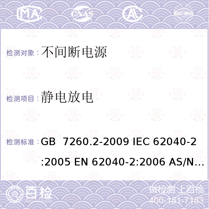 静电放电 不间断电源设备(UPS) 第2部分:电磁兼容性(EMC)要求 GB 7260.2-2009 IEC 62040-2:2005 EN 62040-2:2006 AS/NZS 62040-2:2006