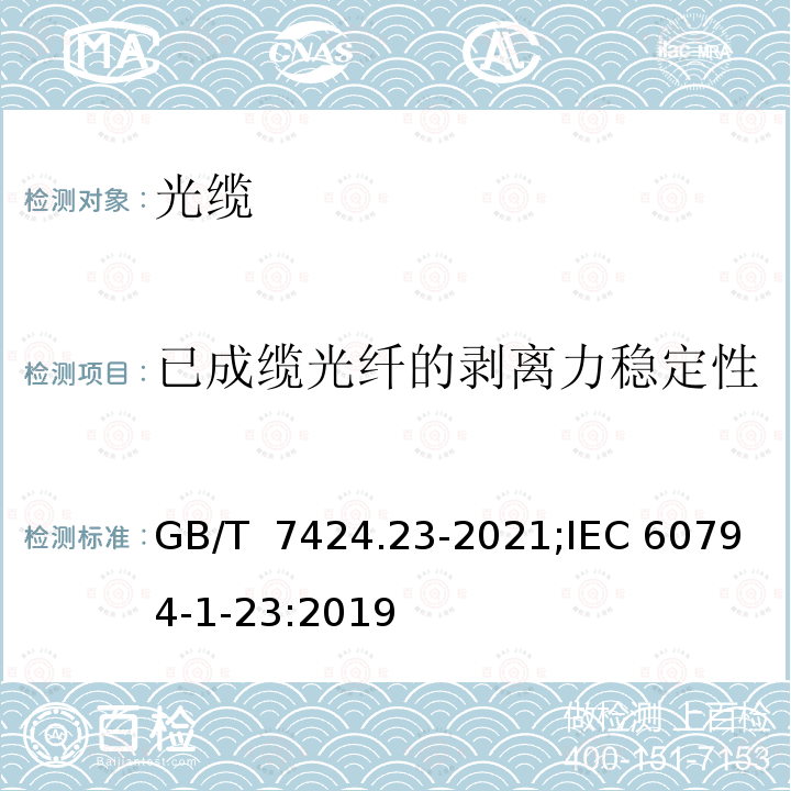 已成缆光纤的剥离力稳定性 GB/T 7424.23-2021 光缆总规范 第23部分：光缆基本试验方法 光缆元构件试验方法