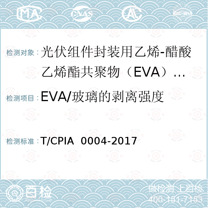 EVA/玻璃的剥离强度 A 0004-2017 《光伏组件封装用乙烯-醋酸乙烯酯共聚物（EVA）胶膜》 T/CPI
