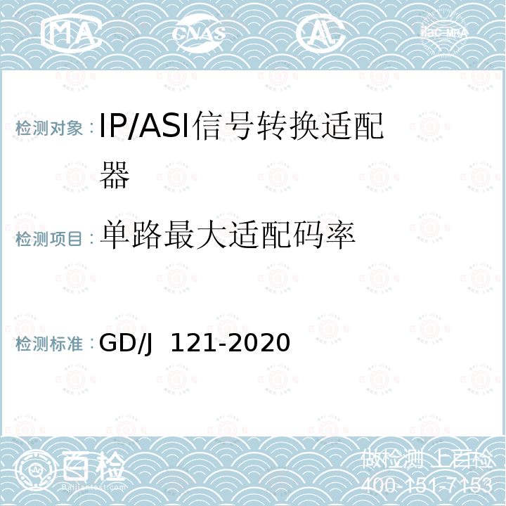 单路最大适配码率 GD/J 121-2020 节目分配网络IP/ASI网关技术要求和测量方法 