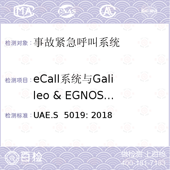 eCall系统与Galileo & EGNOS 卫星定位系统的兼容性要求 UAE.S  5019: 2018 机动车紧急呼叫“eCall”技术要求 UAE.S 5019: 2018