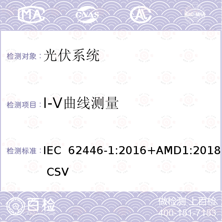 I-V曲线测量 《光伏系统—试验,文件和运维要求—第1部分：并网光伏系统 —文件,试运行试验与检验》 IEC 62446-1:2016+AMD1:2018 CSV
