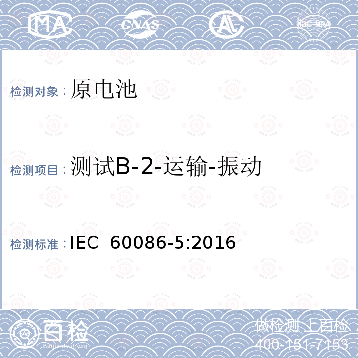 测试B-2-运输-振动 原电池-第5部分:与含水电解质电池的安全 IEC 60086-5:2016