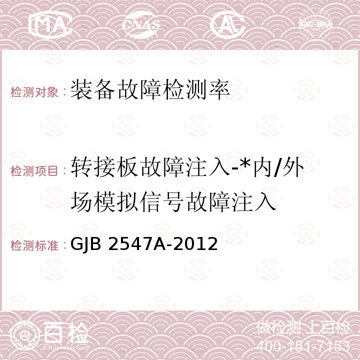 转接板故障注入-*内/外场模拟信号故障注入 GJB 2547A-2012 装备测试性工作通用要求 GJB2547A-2012