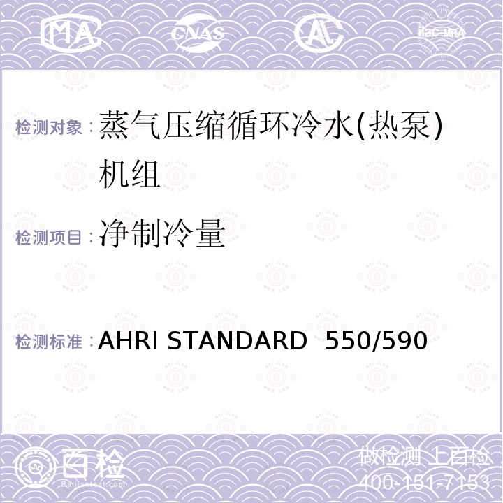 净制冷量 AHRI STANDARD  550/590  蒸汽压缩循环式冷水及热泵热水机性能评价 AHRI STANDARD 550/590 (I-P)-2020
