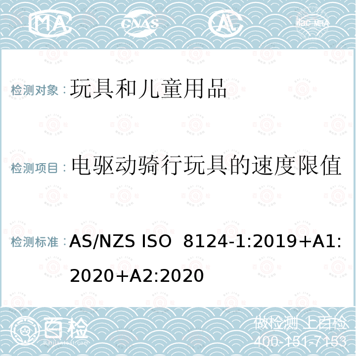 电驱动骑行玩具的速度限值 ISO 8124-1:2019 玩具安全 第1部分：机械与物理性能 AS/NZS +A1:2020+A2:2020