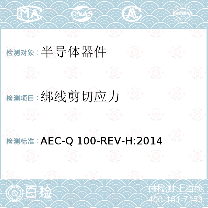 绑线剪切应力 AEC-Q 100-REV-H:2014 基于失效故障机制的集成电路应力测试认证要求 AEC-Q100-REV-H:2014