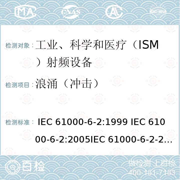 浪涌（冲击） 电磁兼容 通用标准 工业环境中的抗扰度试验 IEC 61000-6-2:1999 IEC 61000-6-2:2005IEC 61000-6-2-2016EN 61000-6-2:2001EN 61000-6-2:2005  EN IEC 61000-6-2:2019 GB/T 17799.2-2003  