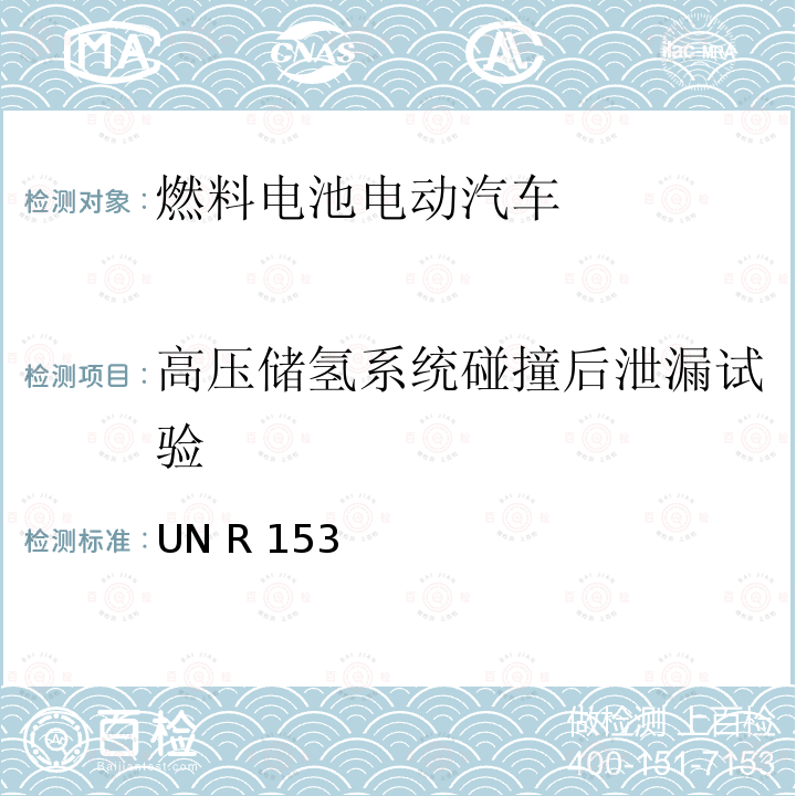 高压储氢系统碰撞后泄漏试验 UN R 153 后碰撞事故中燃油系统的完好性和电动系统的安全性对车辆的的统一规定 UN R153