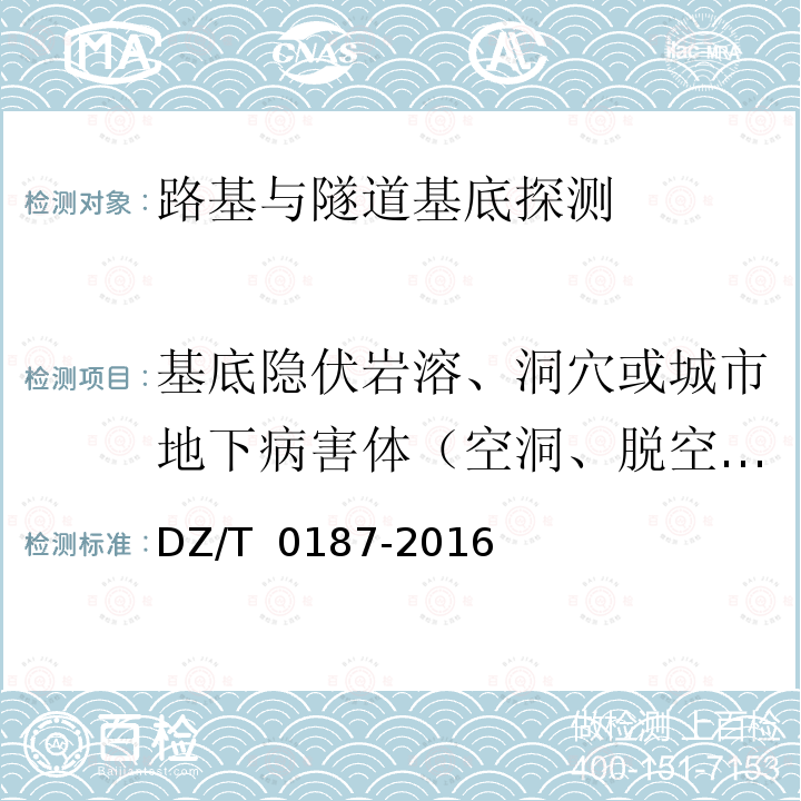 基底隐伏岩溶、洞穴或城市地下病害体（空洞、脱空、塌陷、疏松体、富水体） DZ/T 0187-2016 地面磁性源瞬变电磁法技术规程