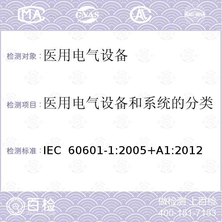 医用电气设备和系统的分类 医用电气设备 第1部分：安全通用要求 IEC 60601-1:2005+A1:2012