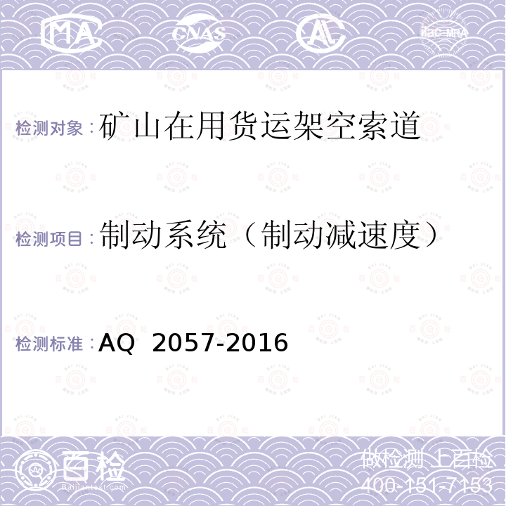 制动系统（制动减速度） Q 2057-2016 《金属非金属矿山在用货运架空索道安全检验规范》 A