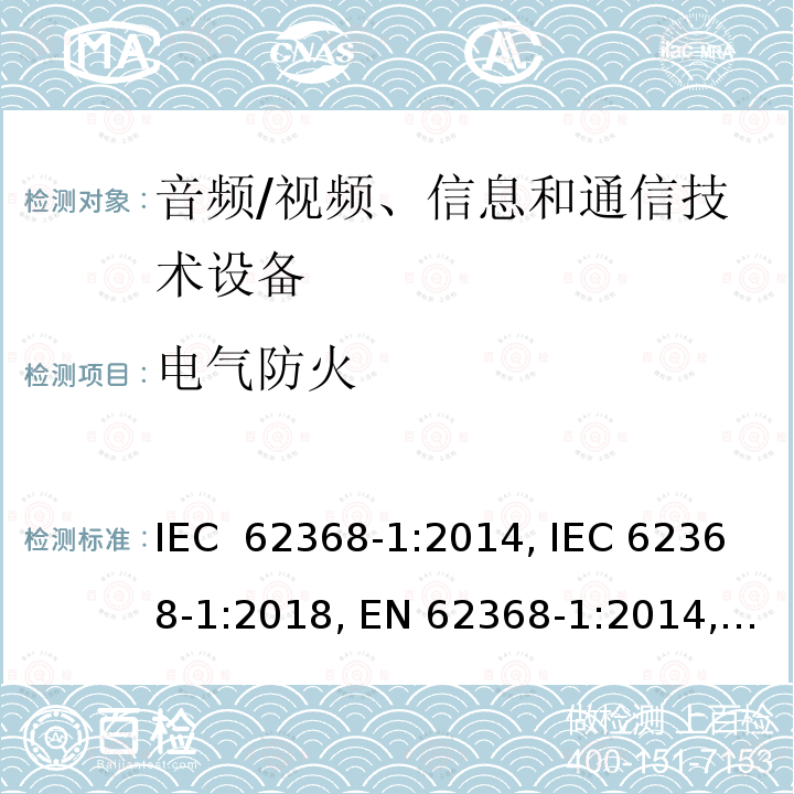 电气防火 音频/视频、信息和通信技术设备 第1部分：安全要求 IEC 62368-1:2014, IEC 62368-1:2018, EN 62368-1:2014, EN 62368-1:2014+A11:2017, UL 62368-1:2014
