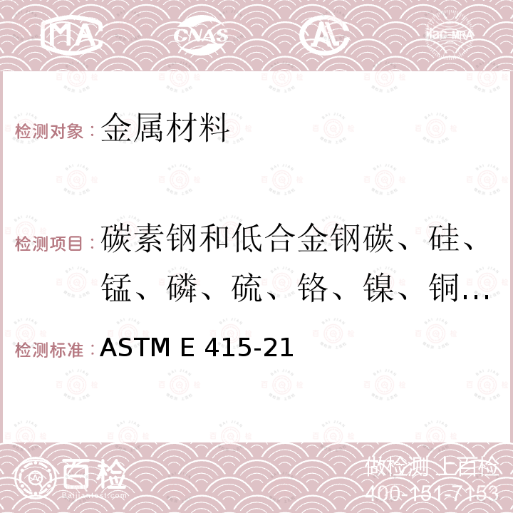 碳素钢和低合金钢碳、硅、锰、磷、硫、铬、镍、铜、钼、钛、铌、钒 ASTM E415-21 碳素钢和低合金钢火花源原子发射光谱测定分析的试验 