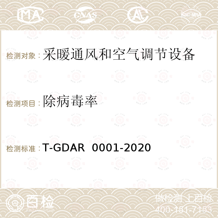 除病毒率 R 0001-2020 空气调节器除病毒、除油性能要求及试验方法 T-GDA