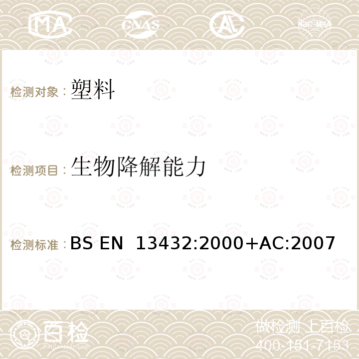 生物降解能力 包装—通过堆肥和生物降解规定包装可回收性的要求—包装最终接受的检验计划与评定标准 BS EN 13432:2000+AC:2007